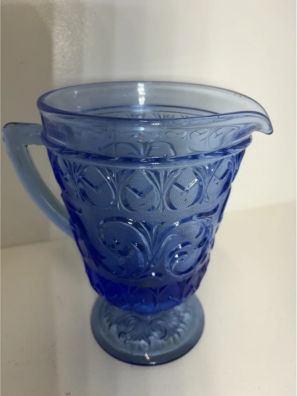 Vintage COBALT BLUE PEDESTAL PITCHER - Sandwich Glass Raised Scroll Work Pattern